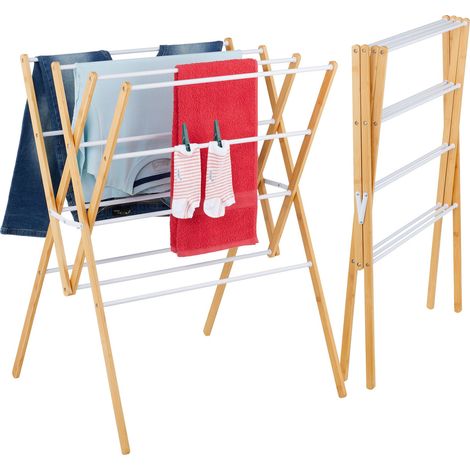 Relaxdays Stendibiancheria Pieghevole, Stendino Verticale a Torre, 12 Aste, HLP: 93 x 70 x 62 cm, Bambù e Ferro, Bianco