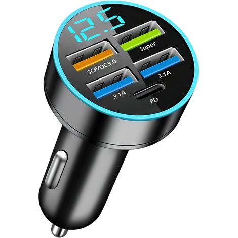 Kfz-Ladegerät mit 5 USB-Anschlüssen, 66 W, QC3.0 und LED-Voltmeter für Smartphones, Tablets und Autos (1/5)