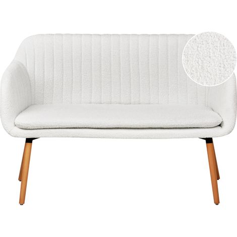 Sofá de cocina banco tapizado 2 plazas estructura de metal de patas de madera clara bouclé blanco crema Taby