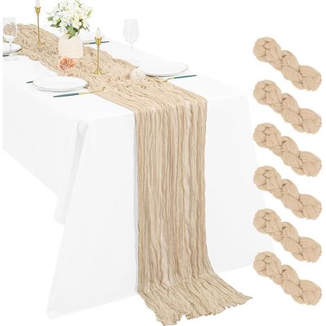 Un ensemble de 6 chemins de table en polyester, chemins de table en tulle de style bohème, 90 x 300 cm, style champêtre romantique, adaptés aux mariages et aux décorations de Thanksgiving (beige). (1/5)
