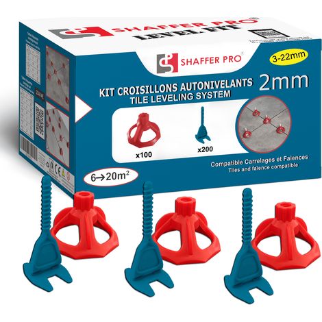 Kit croisillons autonivelants à visser LEVEL FIT 2 mm – 300 pcs – Pose carrelage 2 à 22 mm – 200 croisillons + 100 cadrans – SHAFFER PRO