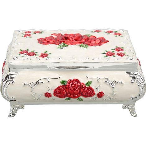 Vintage Jewelry Box Rectangular Vintage Metal Jewelry Storage Decoration Box Ladies Girls Gift BoxSilver White Red Rose (1/5)