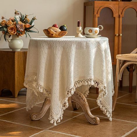 Nappe Coton Lin 120x120 cm avec pompons, style Shabby Chic Campagne