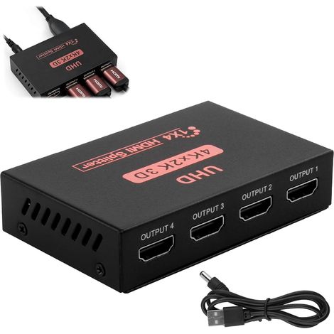 Répartiteur HDMI 1 Entrée 4 Sorties, Splitter HDMI 3D, Résolution 4K @30Hz et Full HD 1080p, Multiprise HDMI Switch pour TV, PS3/4, Moniteur, Projecteur, PC, Idéal pour Jeux et Présentations (1/5)