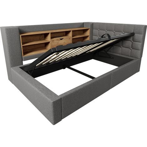 Letto contenitore 90x190 cm grigio con LED, USB, testiera a L reversibile, lino (1/5)