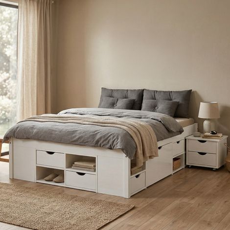 Doppelbett Ravanusa, Bett mit Stauraum, Matratze 140x200 cm, Inklusive Lattenrost, Weiß (1/5)