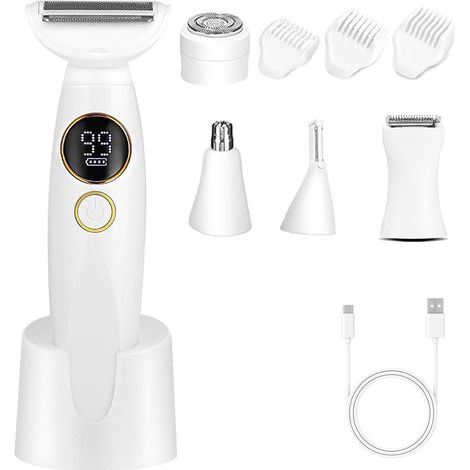 Rasoir pour femme, rasoir intime 5 en 1, épilation du visage, rasoir électrique avec station de charge USB, étanche IPX7 pour le corps, les aisselles, le maillot, les sourcils et le nez. (1/5)