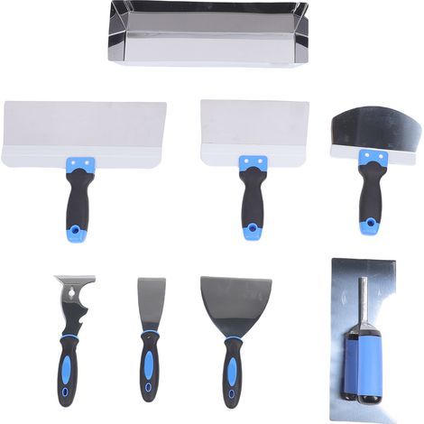 Kit d'outils à main pour plaques de plâtre - 14 en 1 : 8 pièces en acier inoxydable comprenant un couteau à joints, des couteaux à enduire, un grattoir et un bac à enduit. (1/5)