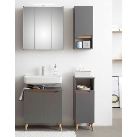 Badezimmer Set mit Füßen in Holzoptik QENA-66 in Quarzgrau Matt Touch mit Riviera Eiche Nb., B/H/T ca. 110/190/33 cm (1/5)