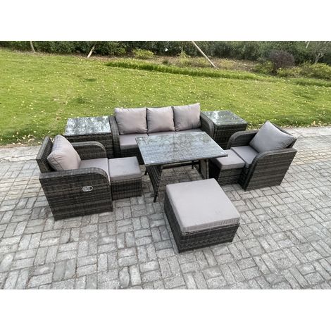 Fimous Ensemble de Meubles de Jardin avec Table à manger rectangulaire Chaise inclinable Canapé 3 places 3 Tabourets 2 Tables d'appoint 8 places (1/5)