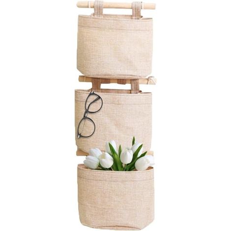 Rangement Suspendu Sac avec Poches 3 Couche Coton Toile De Lin Sac De Rangement Suspendu Sur Le Mur Porte Organisateur pour Chambre Salle De Bains- (1/4)