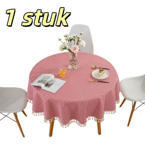 1 pieza, Mantel redondo con borlas, Mantel redondo de algodón y lino, Mantel sencillo, vacaciones, cocina, jardín, 120 cm, Rosa (1/5)