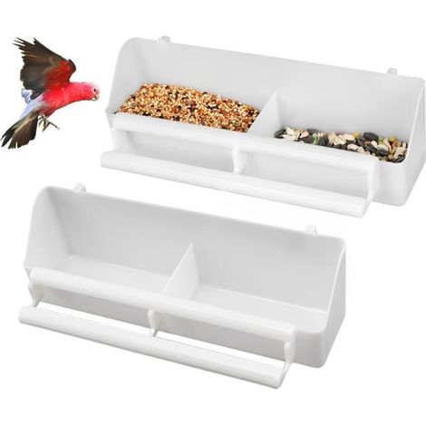 Lot de 2 gamelles pour oiseaux à suspendre - Distributeur de nourriture pour oiseaux - Long espace pour boisson - Accessoires pour oiseaux et perroquets - Blanc (1/5)