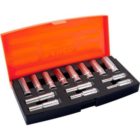 Bahco – Jeu de douilles longues 3/8 – 14 pièces – Alliage d'acier haute performance – Finition mate – Normes ISO 1174 et DIN 3120