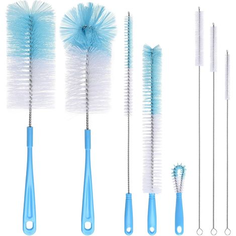 Brosse de Nettoyage de Bouteille, 8 Pièces Nylon Tube Brosses pour Bouteille en Verre Bébé Biberon Bouilloire Clavier Tuyau Brosses de Nettoyage-Bleu (1/5)