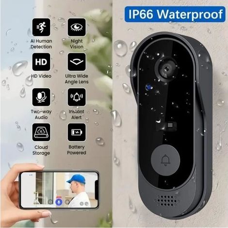 Sonnette vidéo sans fil avec caméra, sonnette extérieure HD WIFI avec signal téléphonique, interphone vidéo et vision nocturne infrarouge.-AquaForge