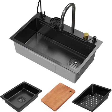 ML-Design Spülbecken Edelstahl 75x46 cm Anthrazit, Multifunktionale Küchenspüle rechteckig, Wasserfall Edelstahlspüle, Einbauspüle mit ausziehbarem Wasserhahn und anderem Zubehör, 1 Becken Waschbecken