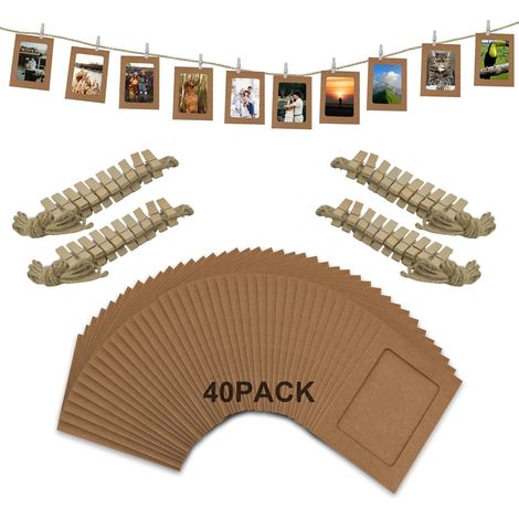 Lot de 40 cadres photo en papier brun clair mesurant 10,2 x 15,2 cm avec ficelle de suspension et pinces à linge pour bannière photo, affichage et décorations d'événements