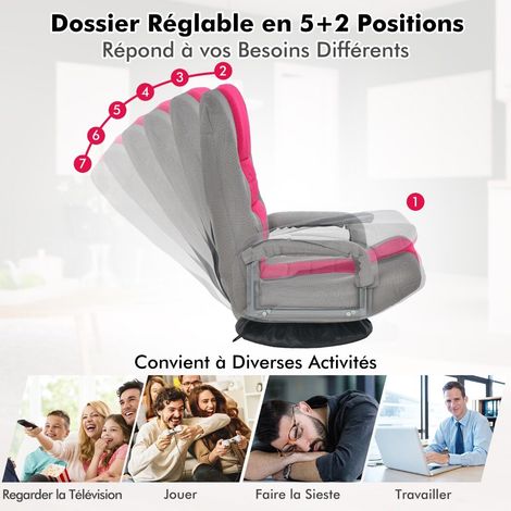 Fauteuil gaming de sol pliable rose avec dossier réglable sur 6 positions et rotation à 360 pour jeux lecture et télévision (1/5)