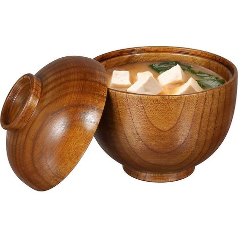 Lot de 2 bols en bois avec couvercle, bols à soupe et à riz, bols de service-10.00X9.00X9.00CM (1/3)