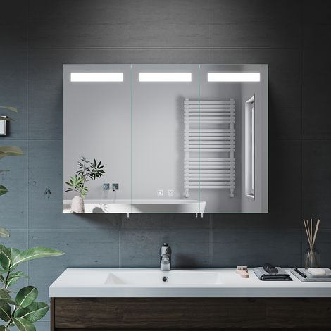 ELEGANT LED Mirror Cabinet Illuminated Lights Shaver Socket Bluetooth Speakers Sensor 900 x 650MM Stainless Steel Cupboard (1/5)