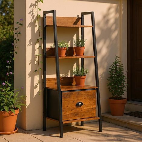 Table d'appoint de Jardin 42 x 29 x 110 cm, 4 Niveaux, tiroir en Tissu, plaques de Bois de 12 mm et Cadre en métal de 20 mm, paroi arrière de 7,5 cm, étagère décorative pour l'extérieur et (1/4)