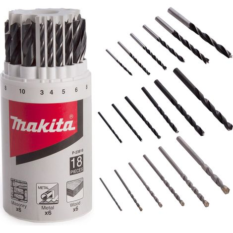 Makita P-23818 18 PC Straight Shank Mixed Drill Bit Set Masonry Metal Wood Bits (1/5)