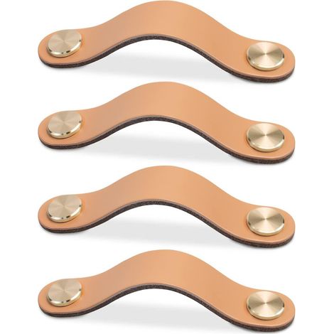 Paquete de 4 tiradores de cuero para armarios, puertas y cajones, vintage, para tocador, cocina y baño (caqui, 160 mm de separación)