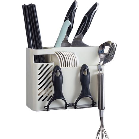 Porte-couverts mural multifonction blanc, égoutte-baguettes et support de rangement pour cuisine domestique (1/5)