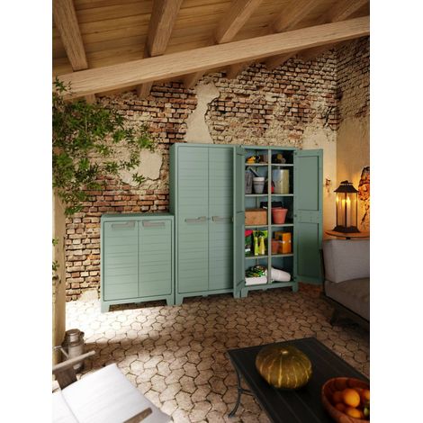 Dmora - Armario exterior Quesnel, Mueble para exteriores, Mueble de jardín multiusos, Made in Italy, 80x44 h100 cm, Gris y Verde (1/5)