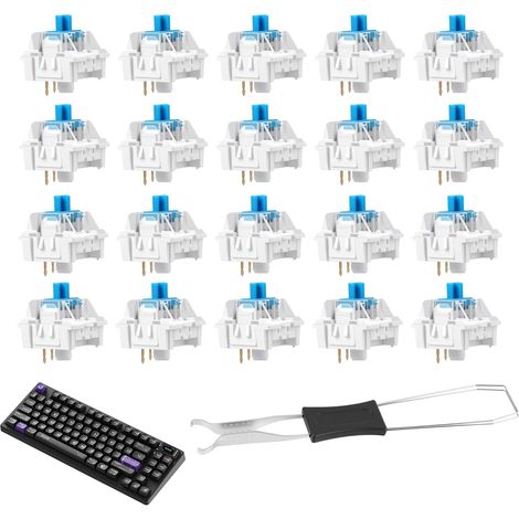 20 PCS Interrupteurs Mécaniques Bleus pour Clavier – Commutateur De Clavier Mécanique Transparent À Axe Bleu INCL. Extracteur, 3-Pin Remplaçable pour Claviers Mécaniques, Clicky DIY (1/5)