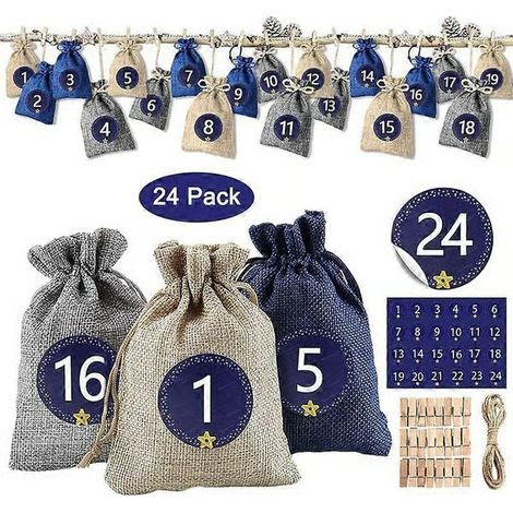 Calendrier de l'Avent 2026 réutilisable Sac en tissu Calendrier de l'Avent pour hommes femmes enfants avec 1-24 autocollants Sac cadeau de Noël (1/4)