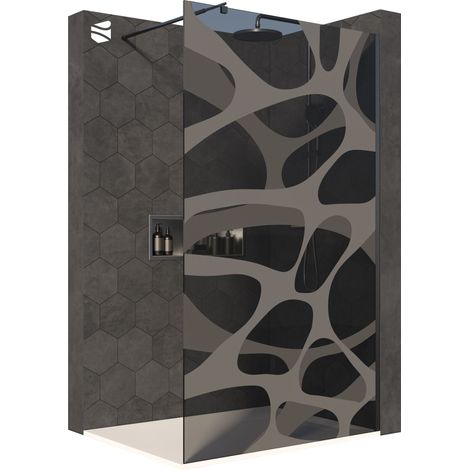 BERNSTEIN - Paroi de douche à l'italienne 200x140cm (HxL), modèle Wave en verre gris 10mm avec motifs opaques - Profil noir mat - EX101