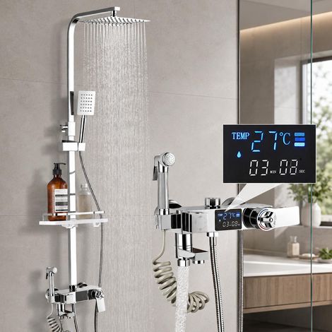 Thermostat-Duschsystem mit LED-Anzeige, quadratisches Duschset mit Thermostatarmatur und 4-Strahl-Handbrause, Edelstahl, höhenverstellbar (1/5)