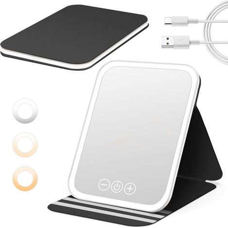 Miroir de Maquillage Lumineux Portable, Rechargeable, Pliable, 3 Couleurs de Lumière, Luminosité Réglable, Fonction Mémoire, Idéal pour Voyage et Maison (Noir, 1) (1/5)
