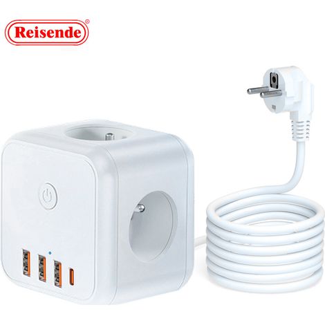 QORVA-Cube Multiprise 7-en-1 , avec Interrupteur et Rallonge Electrique,3 Prises avec et 3 Ports USB, Câble Extension 1.5M, pour Maison, Bureau et Voyag (1/4)