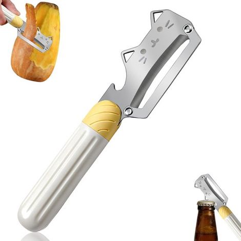 Pelador de 3 piezas, pelador de patatas de acero inoxidable con mango de plástico, pelador de verduras multifuncional 2 en 1 y abridor botellas (1/5)