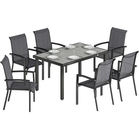 Set da Esterno 7pz con Tavolo da Giardino a 2 Sezioni e 6 Sedie Impilabili in Texteline, Grigio