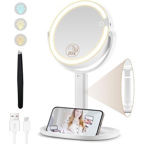 Magnifying Mirror with 64 LEDs, 3 Colors, 360° Rotation, 2000mAh Battery, Travel Makeup (1/5)
