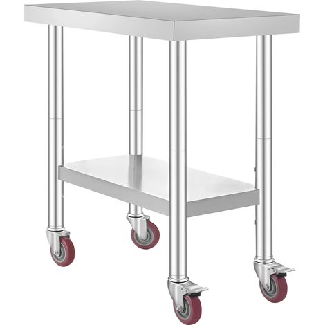 Mophorn Tavolo da lavoro in acciaio inox 30x18x34 pollici, capacita di 700 libbre, 4 ruote, 3 altezze regolabili - Tavolo da preparazione per cucina e ristorante per uso intensivo, argento (1/5)