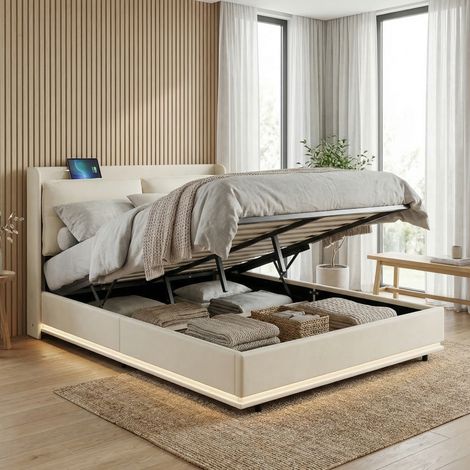 Letto contenitore 140x200, letto matrimoniale per adulti con illuminazione LED e stazione di ricarica, velluto, stile elegante, Beige