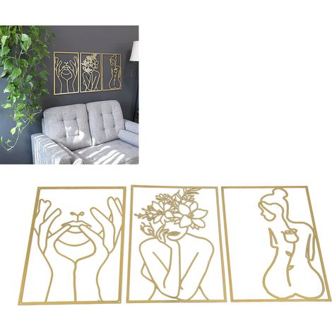 Decorazioni murali minimaliste in ferro - 3 illustrazioni di silhouette femminili a linea singola per soggiorno, cucina, camera da letto - Oro - 3 pezzi (1/4)