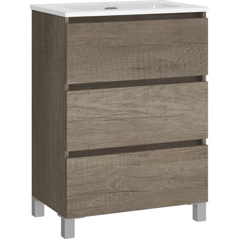Ensemble de salle de bain, Meuble de salle de bain à fond réduit, avec lavabo en céramique, distribution trois tiroirs, meuble monté, trois tiroirs sans miroir, fond 39 cm 60 cm (1/5)