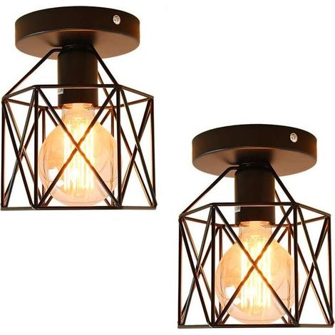 Plafonnier Industrielle Cage Forme Diamant Noir Carre Fer E27 Luminaire pour Couloir Salon (2PCS) (1/5)