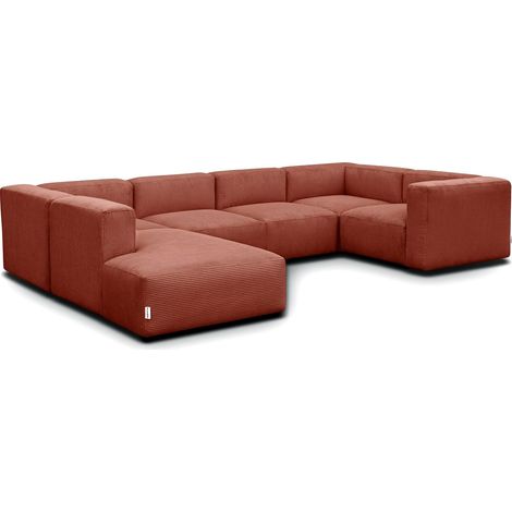 Canapé modulable panoramique 6 places avec méridienne à droite + pouf en velours côtelé rouille - Modulo (1/5)