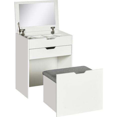 White Dressing Table with Flip-Up Mirror and Storage Stool,Vanity Table Featuring Drawers and Hidden Compartments for Bedroom and Living Room