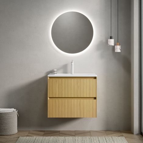 Mueble de lavabo suspendido de madera contrachapada roble dorado con lavabo cerámico blanco, 61 cm, 2 cajones (1/5)