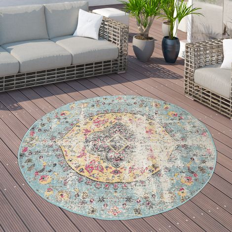 Paco Home Outdoor Teppich Balkon Terrasse Vintage Küchenteppich Orient Muster Rauten Ethno 200 cm Rund, Bunt