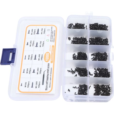 Lot 1000 vis autoforeuses mini acier carbone tete bombée noires M1 M1.2 M1.4 M1.7 avec pince rangement (1/5)