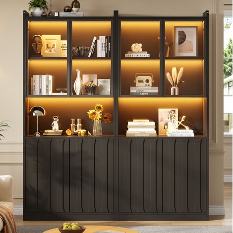 Vitrine 2 pièces 160x35x200 cm en bois noir, avec rangement, LED, salon moderne FloraGrace (1/5)